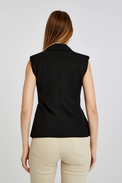 Siyah Regular Fit Astarlı Dokuma Yelek - 2