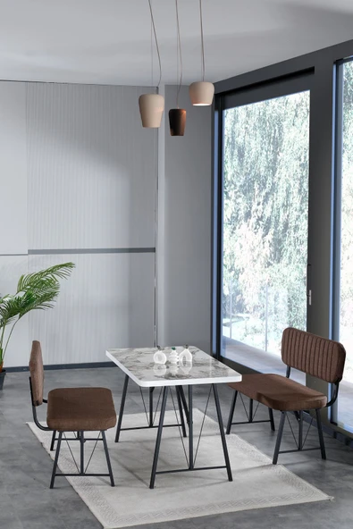 Hayat 70x110 Efes Mutfak Masası, Mutfak Masası Takımı, Yemek Masası, 2 Benchli - Kahverengi