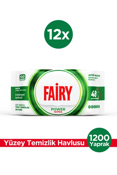 Fairy Power Wipes Yüzey Temizlik Havlusu 100 Yaprak 12 Adet Beyaz Sabun Beyaz Sirke Karbonat