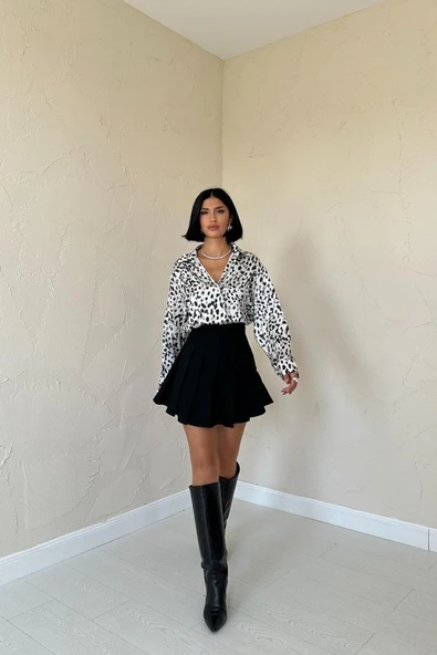 Ekru Leopar Desenli Saten Gömlek - 2