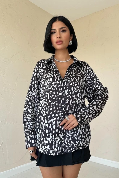 Siyah Leopar Desenli Saten Gömlek