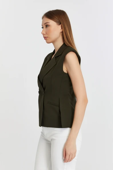 Haki Regular Fit Astarlı Dokuma Yelek - 2