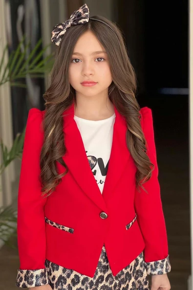 Kız Çocuk Love Yazı Baskı Bluz Leopar Detaylı Kırmızı Blazer Ceket Leopar Detay Pullu Etekli Takım - Resim 10