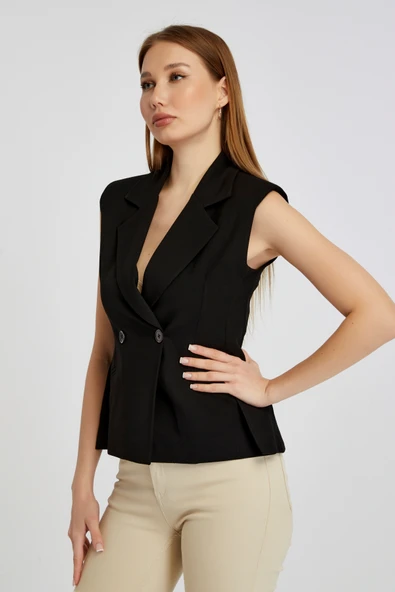 Siyah Regular Fit Astarlı Dokuma Yelek