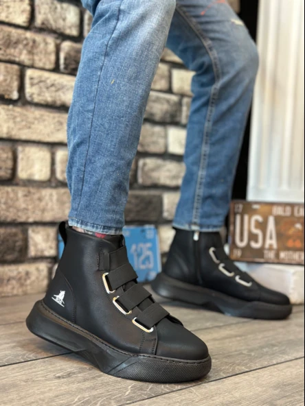 ET0142 Bantlı Erkek Yüksek Taban Siyah Tabanlı Spor Bot - Resim 4