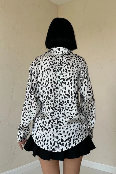 Ekru Leopar Desenli Saten Gömlek - 4
