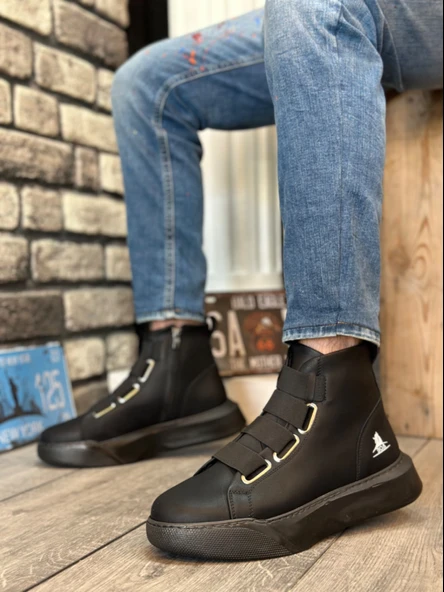 ET0142 Bantlı Erkek Yüksek Taban Siyah Tabanlı Spor Bot - Resim 5