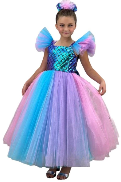 Kız Çocuk Kare Yaka Sıfır Kol Omuzları Tül Detaylı Göğsü Pullu Eteği Rengarenk Tüllü Abiye - Resim 8