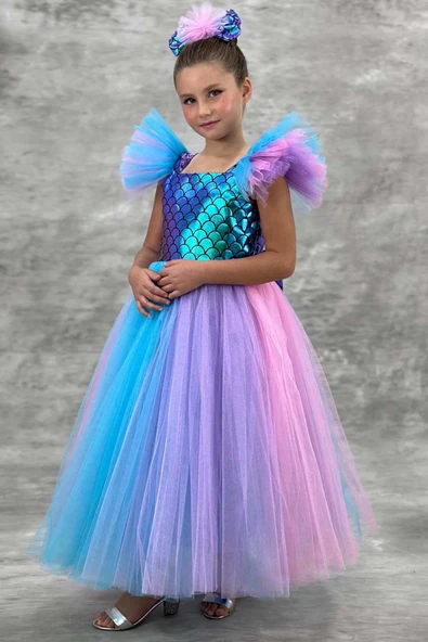 Kız Çocuk Kare Yaka Sıfır Kol Omuzları Tül Detaylı Göğsü Pullu Eteği Rengarenk Tüllü Abiye - Resim 10