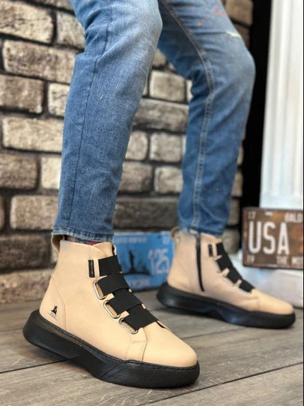 ET0142 Bantlı Erkek Yüksek Taban Krem Spor Bot
