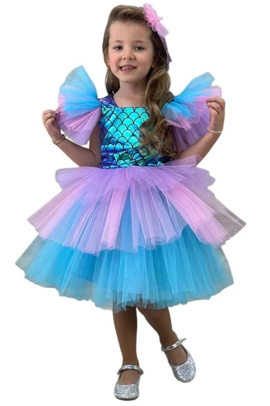 Kız Çocuk Kare Yaka Sıfır Kol Omuzları Tül Detaylı Göğsü Pullu Eteği Rengarenk Tüllü Abiye - Resim 9