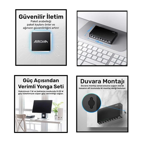 Cudy FS108 8Port 10/100Mbps Duvar Montajlı Metal Masaüstü Switch - 4