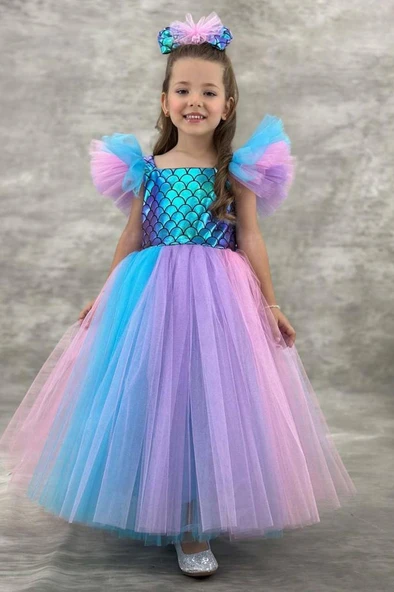 Kız Çocuk Kare Yaka Sıfır Kol Omuzları Tül Detaylı Göğsü Pullu Eteği Rengarenk Tüllü Abiye - Resim 6