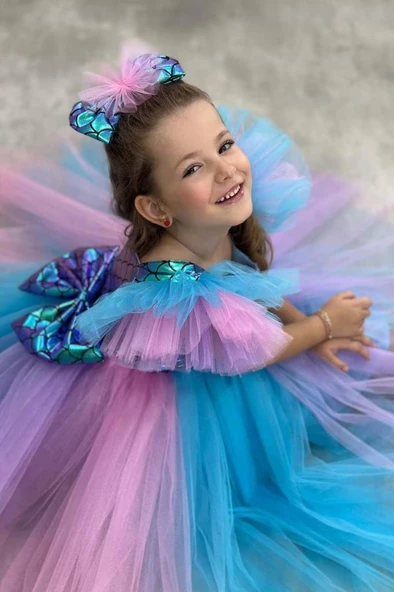 Kız Çocuk Kare Yaka Sıfır Kol Omuzları Tül Detaylı Göğsü Pullu Eteği Rengarenk Tüllü Abiye - Resim 7