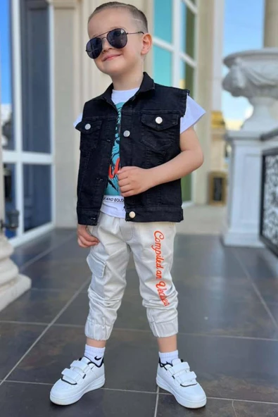 Erkek Çocuk Kaplan Detaylı T-shirt Sırt Baskılı Kolsuz Siyah Jean Ceket Kargo Cepli Alt Üst Takım - 7