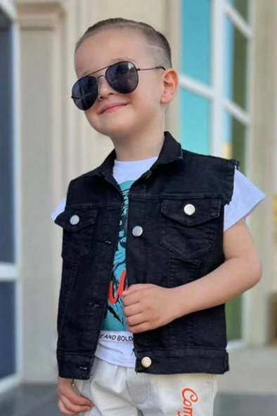 Erkek Çocuk Kaplan Detaylı T-shirt Sırt Baskılı Kolsuz Siyah Jean Ceket Kargo Cepli Alt Üst Takım - 3