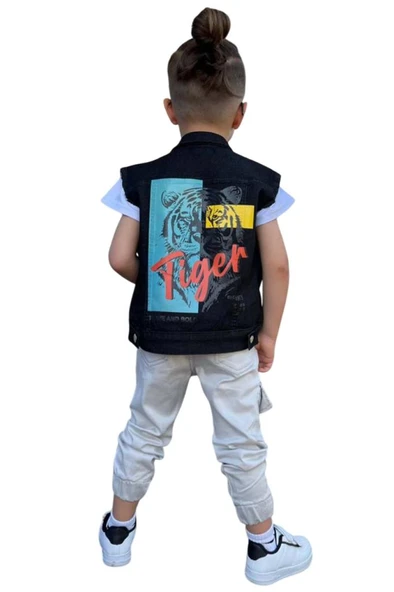 Erkek Çocuk Kaplan Detaylı T-shirt Sırt Baskılı Kolsuz Siyah Jean Ceket Kargo Cepli Alt Üst Takım - 5