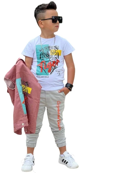 Erkek Çocuk Kaplan Detaylı T-shirt Sırt Baskılı Kolsuz Pudra Jean Ceket Kargo Cepli Alt Üst Takım - 7