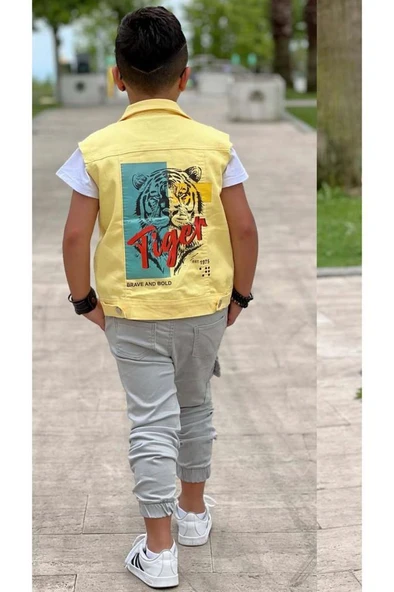 Erkek Çocuk Kaplan Detaylı T-shirt Sırt Baskılı Kolsuz Sarı Jean Ceket Kargo Cepli Alt Üst Takım - 5