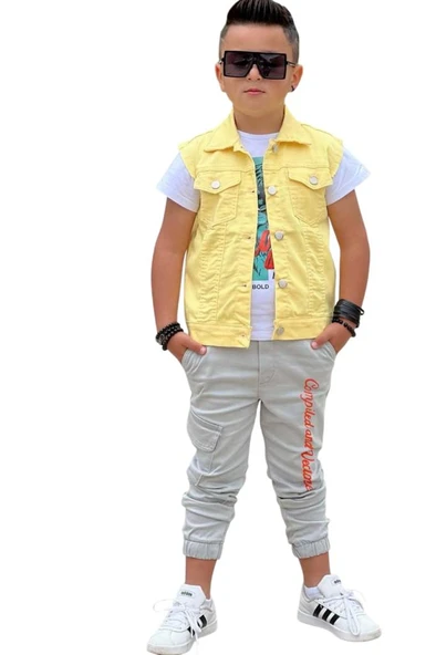 Erkek Çocuk Kaplan Detaylı T-shirt Sırt Baskılı Kolsuz Sarı Jean Ceket Kargo Cepli Alt Üst Takım - 6