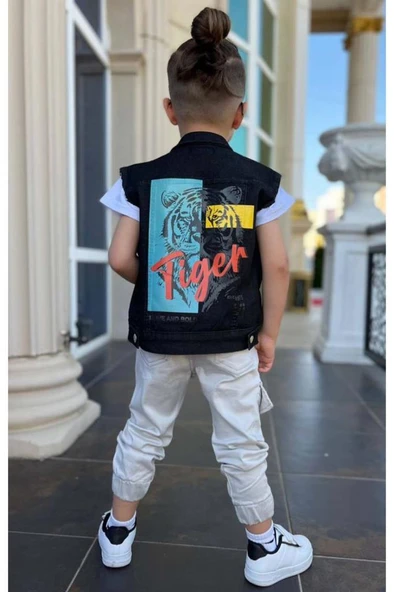 Erkek Çocuk Kaplan Detaylı T-shirt Sırt Baskılı Kolsuz Siyah Jean Ceket Kargo Cepli Alt Üst Takım - 2