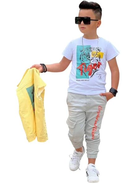 Erkek Çocuk Kaplan Detaylı T-shirt Sırt Baskılı Kolsuz Sarı Jean Ceket Kargo Cepli Alt Üst Takım - 7