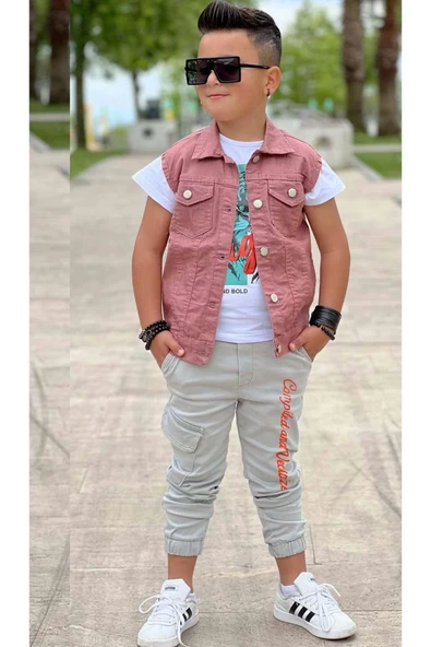 Erkek Çocuk Kaplan Detaylı T-shirt Sırt Baskılı Kolsuz Pudra Jean Ceket Kargo Cepli Alt Üst Takım - 9