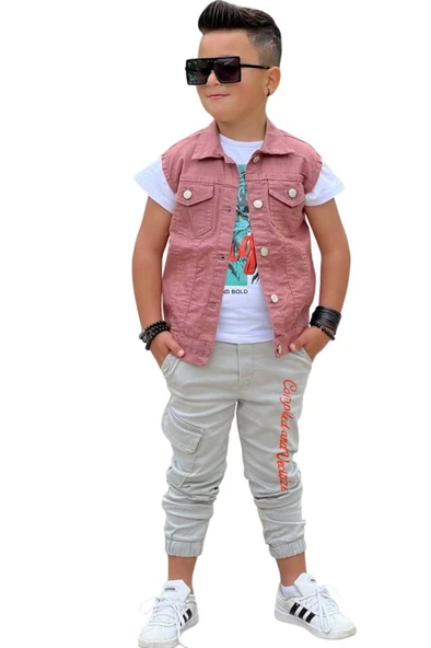 Erkek Çocuk Kaplan Detaylı T-shirt Sırt Baskılı Kolsuz Pudra Jean Ceket Kargo Cepli Alt Üst Takım - 8