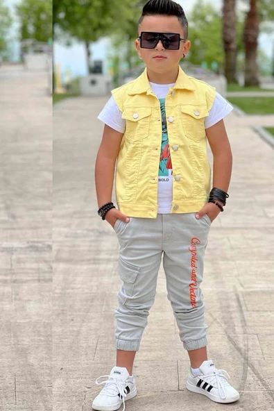 Erkek Çocuk Kaplan Detaylı T-shirt Sırt Baskılı Kolsuz Sarı Jean Ceket Kargo Cepli Alt Üst Takım - 9