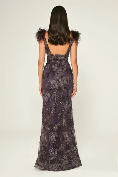 Alfa Beta Derin V Yaka Omzu Otrişli Uzun Abiye Elbise - 2