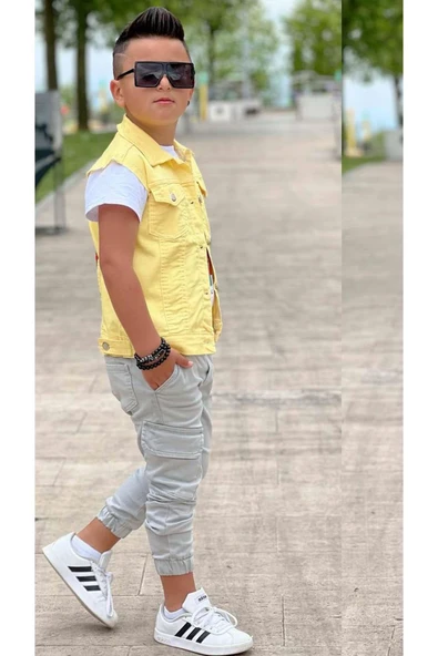 Erkek Çocuk Kaplan Detaylı T-shirt Sırt Baskılı Kolsuz Sarı Jean Ceket Kargo Cepli Alt Üst Takım - 11