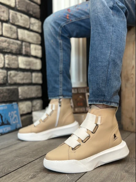 ET0142 Bantlı Erkek Yüksek Taban Krem Beyaz Spor Bot - 2