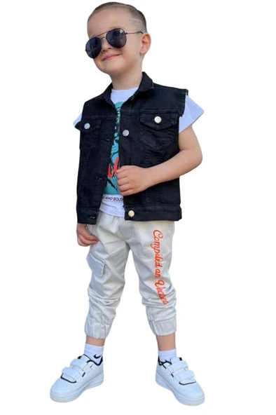 Erkek Çocuk Kaplan Detaylı T-shirt Sırt Baskılı Kolsuz Siyah Jean Ceket Kargo Cepli Alt Üst Takım - 4