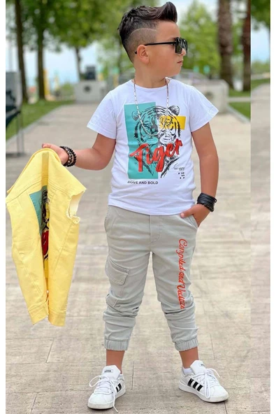 Erkek Çocuk Kaplan Detaylı T-shirt Sırt Baskılı Kolsuz Sarı Jean Ceket Kargo Cepli Alt Üst Takım - 12