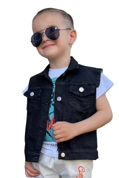 Erkek Çocuk Kaplan Detaylı T-shirt Sırt Baskılı Kolsuz Siyah Jean Ceket Kargo Cepli Alt Üst Takım - 6