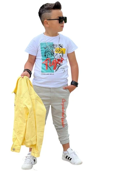 Erkek Çocuk Kaplan Detaylı T-shirt Sırt Baskılı Sarı Jean Ceket Kargo Cepli Alt Üst Takım - 7