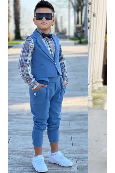 Erkek Çocuk Gümüş Düğme Detaylı Yelek Papyonlu Ekose Çizgili Gömlek Mavi Alt Üst Takım ürün görseli