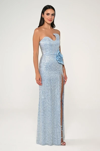 Alfa Beta Straplez Göğüsü Asimetrik Kesim Payet Kumaş Uzun Abiye Elbise - Resim 5