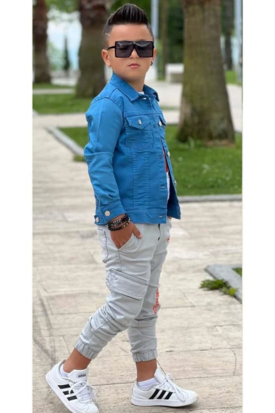 Erkek Çocuk Kaplan Detaylı T-shirt Sırt Baskılı Mavi Jean Ceket Kargo Cepli Alt Üst Takım - 2