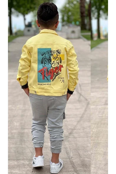 Erkek Çocuk Kaplan Detaylı T-shirt Sırt Baskılı Sarı Jean Ceket Kargo Cepli Alt Üst Takım - 5