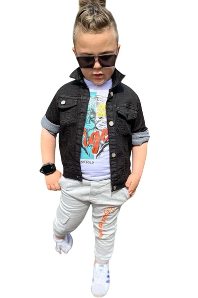 Erkek Çocuk Kaplan Detaylı T-shirt Sırt Baskılı Siyah Jean Ceket Kargo Cepli Alt Üst Takım - 7