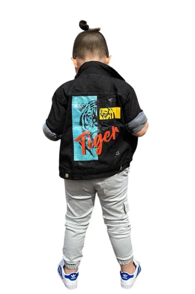 Erkek Çocuk Kaplan Detaylı T-shirt Sırt Baskılı Siyah Jean Ceket Kargo Cepli Alt Üst Takım - 9