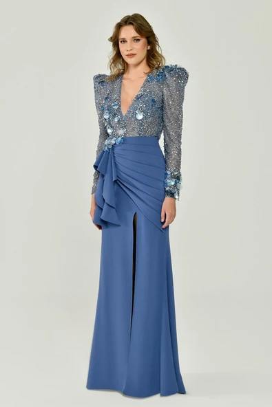 Alfa Beta Uzun Kollu Derin V Yaka Önden Yırtmaçlı Uzun Abiye Elbise - 4