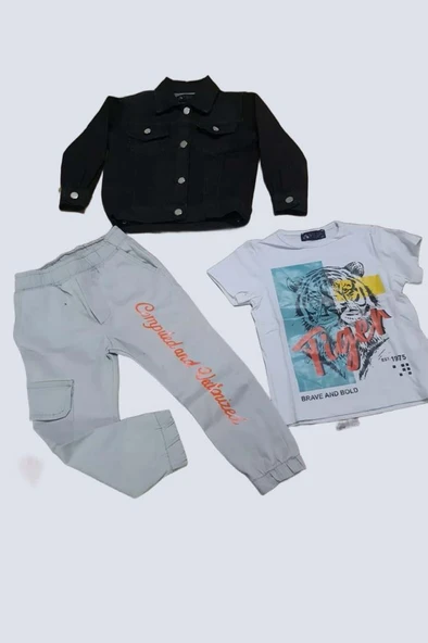Erkek Çocuk Kaplan Detaylı T-shirt Sırt Baskılı Siyah Jean Ceket Kargo Cepli Alt Üst Takım - 3