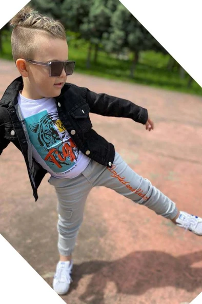 Erkek Çocuk Kaplan Detaylı T-shirt Sırt Baskılı Siyah Jean Ceket Kargo Cepli Alt Üst Takım - 2