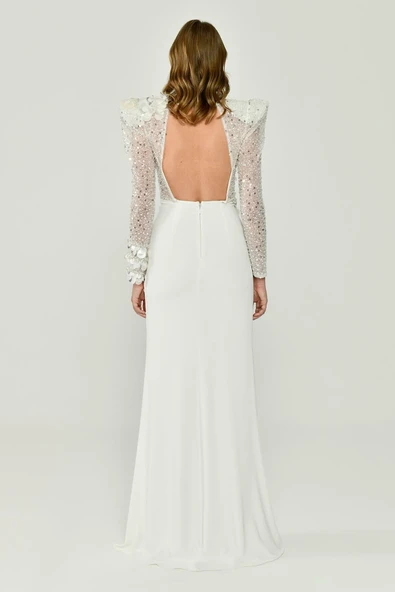 Alfa Beta Uzun Kollu Derin V Yaka Önden Yırtmaçlı Uzun Abiye Elbise - 7