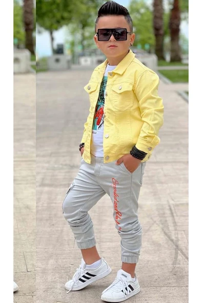 Erkek Çocuk Kaplan Detaylı T-shirt Sırt Baskılı Sarı Jean Ceket Kargo Cepli Alt Üst Takım - 2