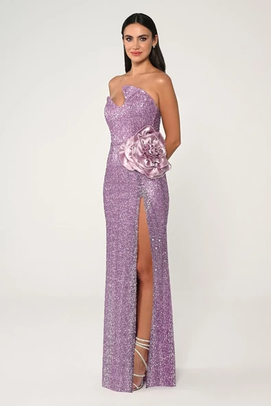 Alfa Beta Straplez Göğüsü Asimetrik Kesim Payet Kumaş Uzun Abiye Elbise - Resim 9