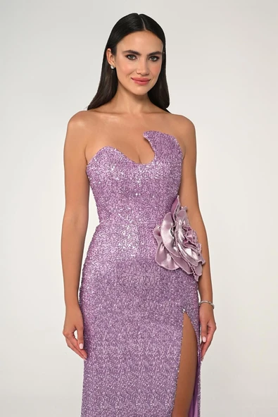 Alfa Beta Straplez Göğüsü Asimetrik Kesim Payet Kumaş Uzun Abiye Elbise - Resim 8