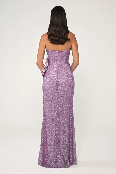 Alfa Beta Straplez Göğüsü Asimetrik Kesim Payet Kumaş Uzun Abiye Elbise - Resim 10